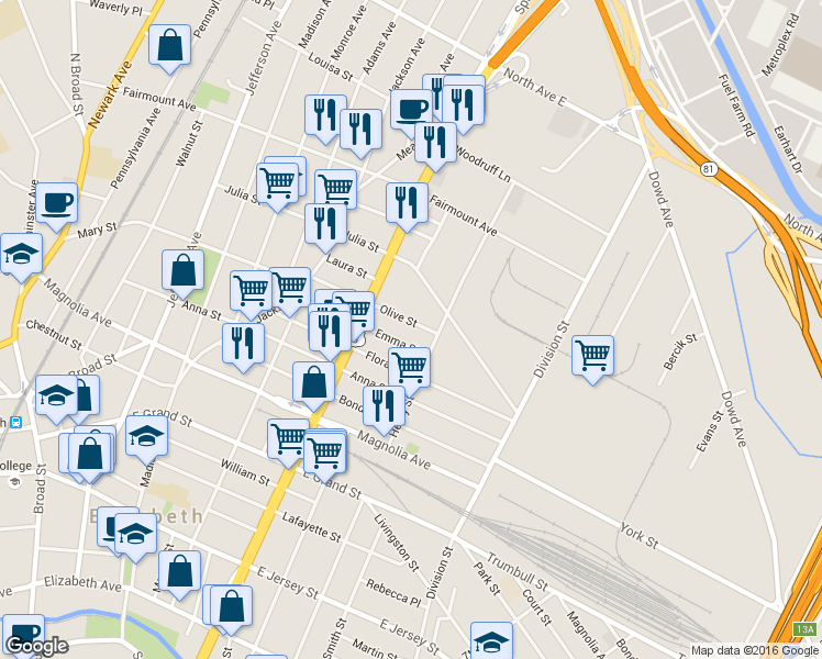 map of restaurants, bars, coffee shops, grocery stores, and more near 920 Olive Street in Elizabeth
