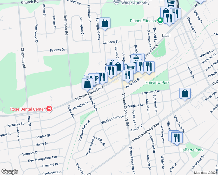 map of restaurants, bars, coffee shops, grocery stores, and more near 4040 William Penn Highway in Easton