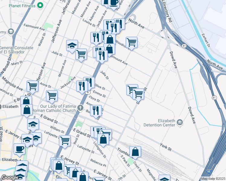 map of restaurants, bars, coffee shops, grocery stores, and more near 501 Henry Street in Elizabeth