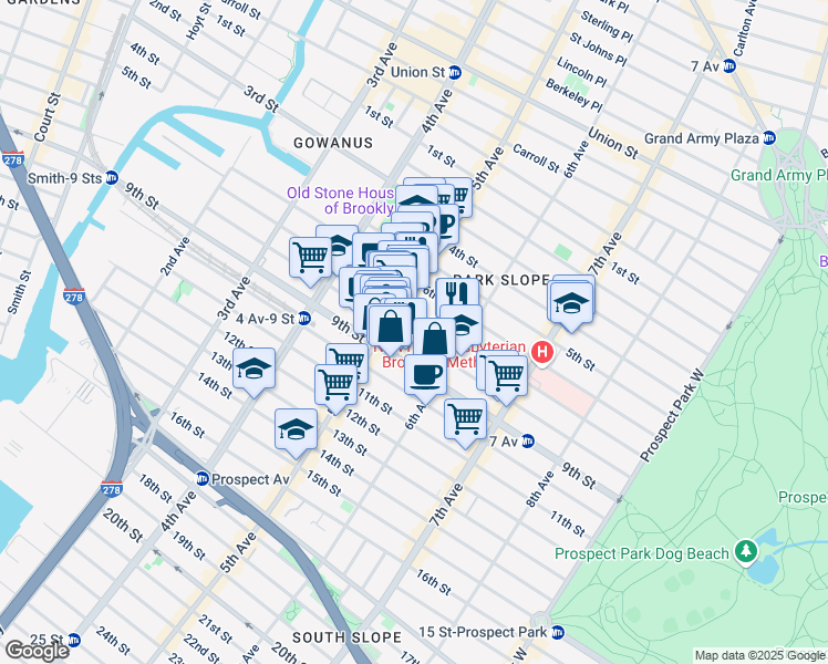 map of restaurants, bars, coffee shops, grocery stores, and more near 303 8th Street in Brooklyn