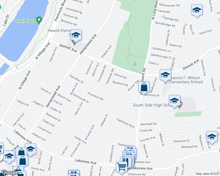 map of restaurants, bars, coffee shops, grocery stores, and more near 20 Wellsley Road in Rockville Centre