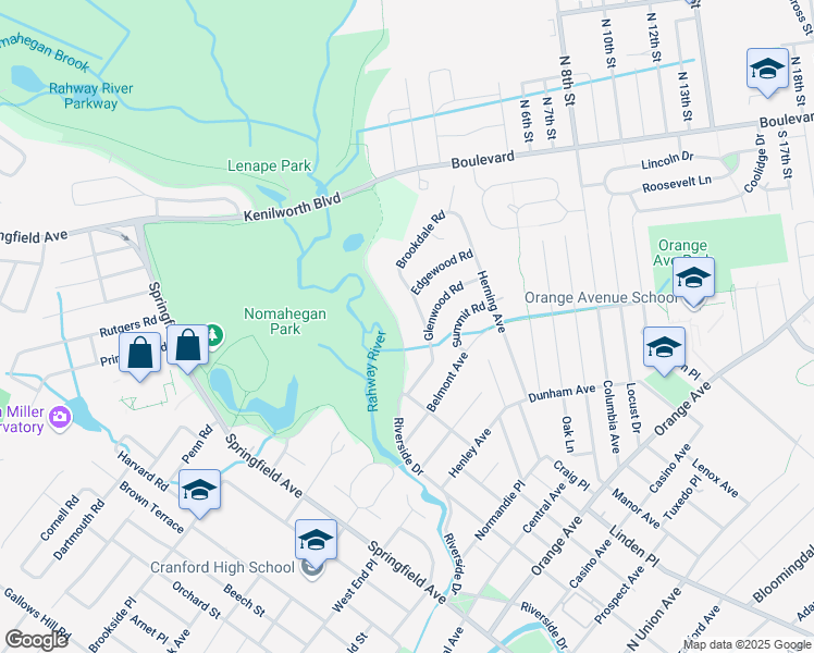 map of restaurants, bars, coffee shops, grocery stores, and more near 618 Riverside Drive in Cranford