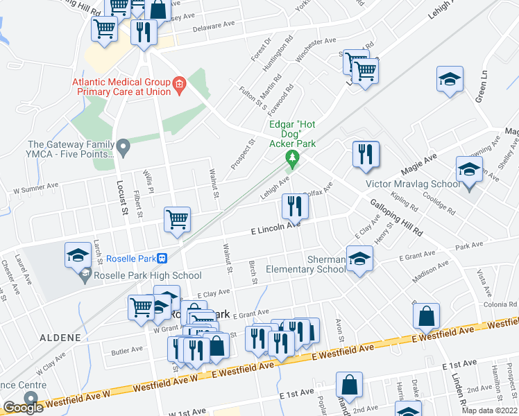 map of restaurants, bars, coffee shops, grocery stores, and more near 150 East Colfax Avenue in Roselle Park