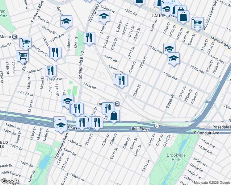 map of restaurants, bars, coffee shops, grocery stores, and more near 222-29 141st Road in Queens