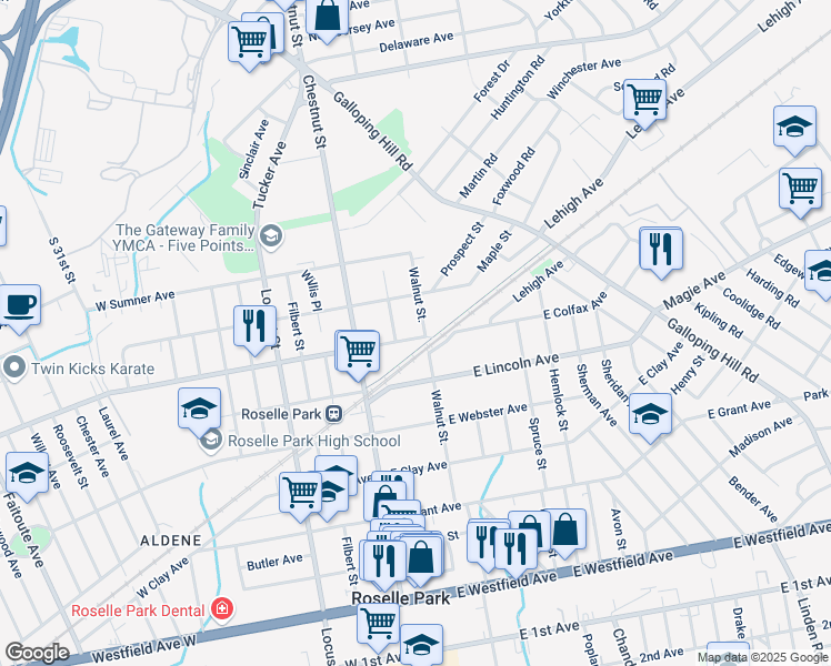 map of restaurants, bars, coffee shops, grocery stores, and more near 45 E Colfax Ave in Roselle Park