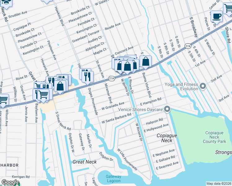map of restaurants, bars, coffee shops, grocery stores, and more near 41 West Belleterre Avenue in Lindenhurst
