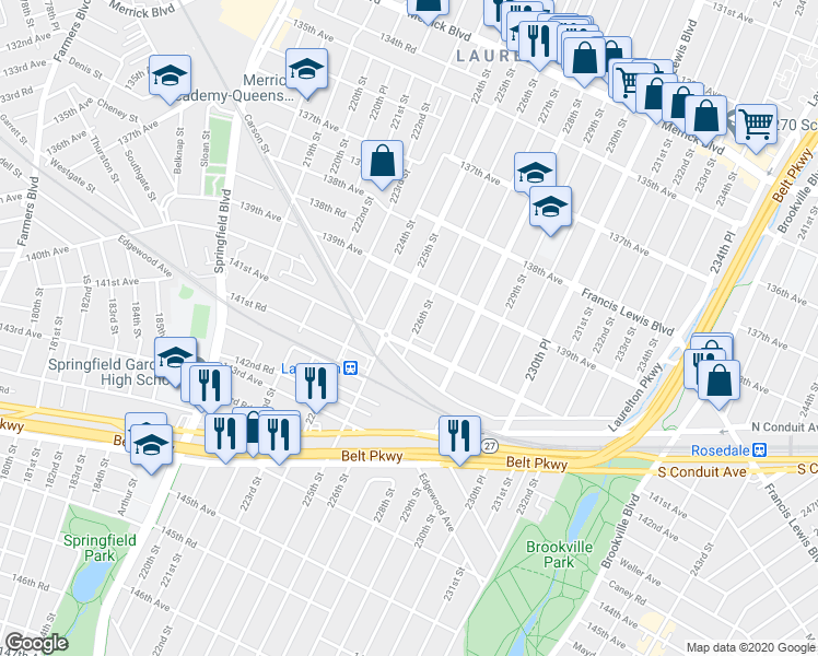 map of restaurants, bars, coffee shops, grocery stores, and more near 139-44 226th St in Queens