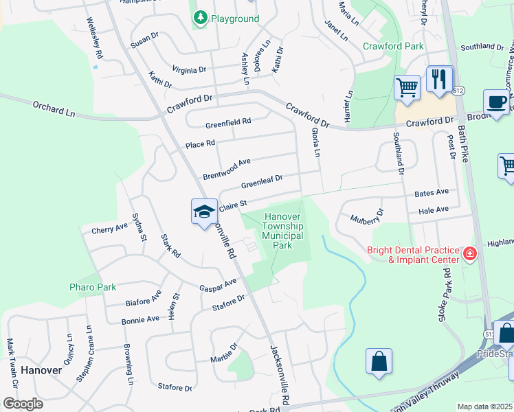 map of restaurants, bars, coffee shops, grocery stores, and more near 1145 Claire St in Bethlehem