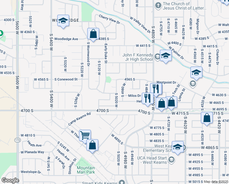 map of restaurants, bars, coffee shops, grocery stores, and more near 5020 South Wormwood Drive in West Valley City