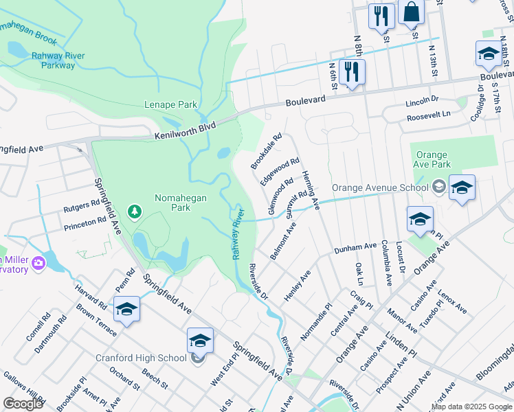 map of restaurants, bars, coffee shops, grocery stores, and more near 618 Riverside Drive in Cranford