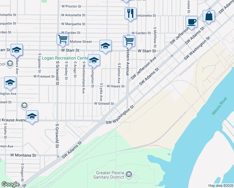 map of restaurants, bars, coffee shops, grocery stores, and more near 1619 South Easton Avenue in Peoria