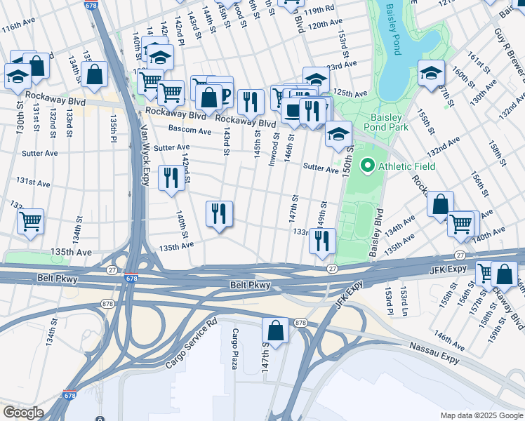 map of restaurants, bars, coffee shops, grocery stores, and more near 130-36 Inwood Street in Queens