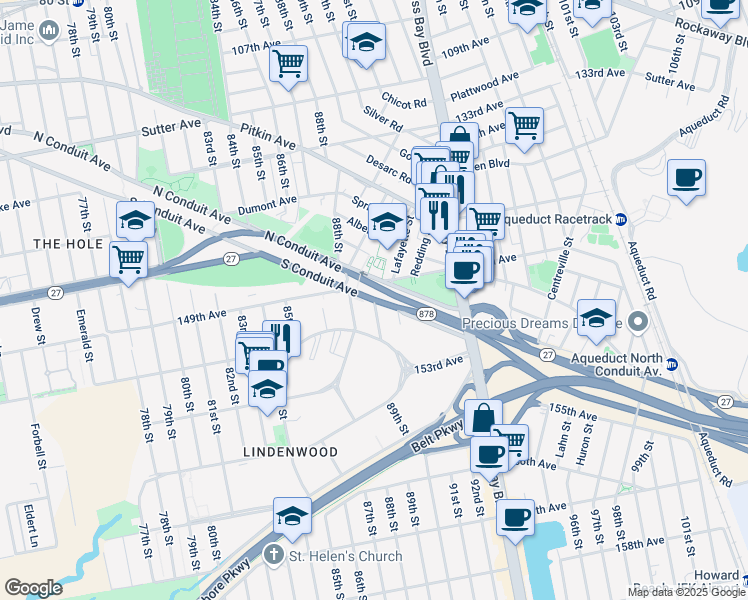 map of restaurants, bars, coffee shops, grocery stores, and more near 150-02 89th Street in Queens
