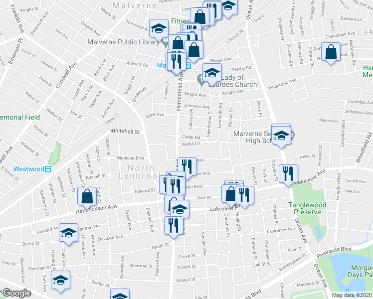 map of restaurants, bars, coffee shops, grocery stores, and more near 11 Kevin Court in Malverne