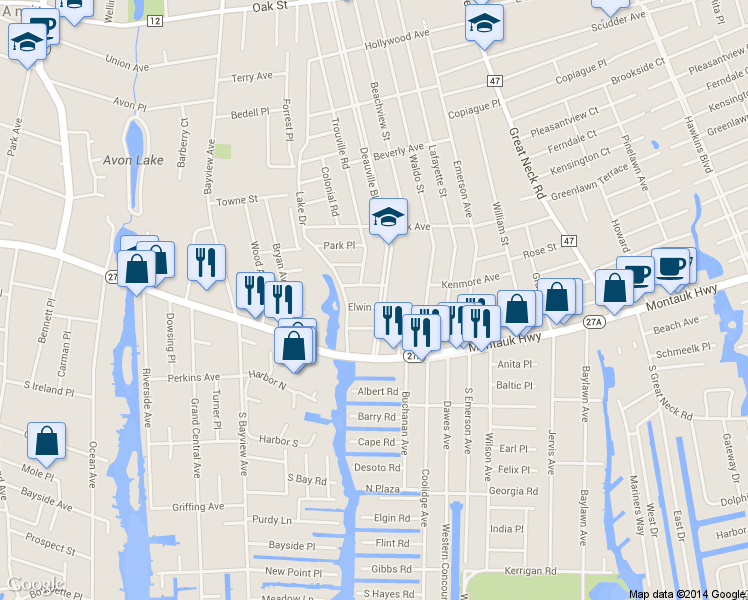 map of restaurants, bars, coffee shops, grocery stores, and more near 43 Deauville Boulevard in Copiague
