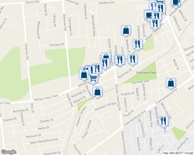 map of restaurants, bars, coffee shops, grocery stores, and more near 4105 William Penn Highway in Easton