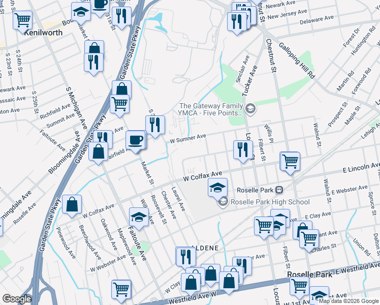 map of restaurants, bars, coffee shops, grocery stores, and more near 22B West Roselle Avenue in Roselle Park