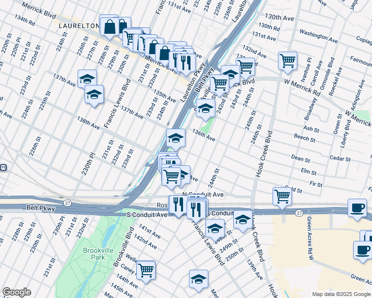 map of restaurants, bars, coffee shops, grocery stores, and more near 240-13 137th Avenue in Queens