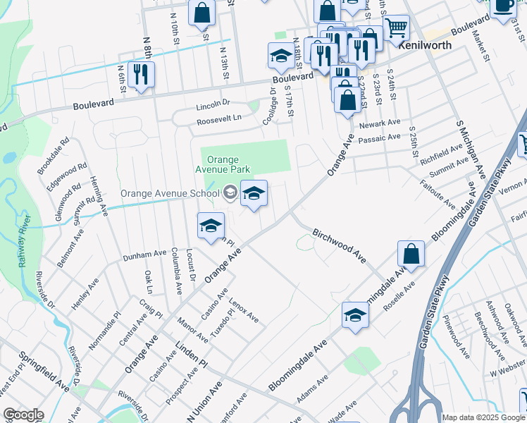 map of restaurants, bars, coffee shops, grocery stores, and more near 14 Hazel Street in Cranford