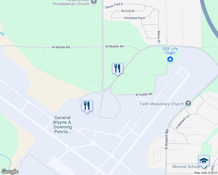 map of restaurants, bars, coffee shops, grocery stores, and more near West Everett M. Dirksen Parkway in Peoria