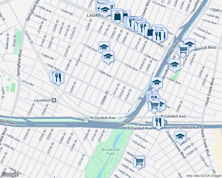 map of restaurants, bars, coffee shops, grocery stores, and more near 138-41 230th Place in Queens