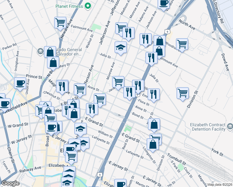 map of restaurants, bars, coffee shops, grocery stores, and more near 449 Catherine Street in Elizabeth