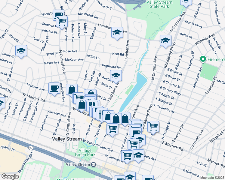 map of restaurants, bars, coffee shops, grocery stores, and more near 122 South Fletcher Avenue in Valley Stream