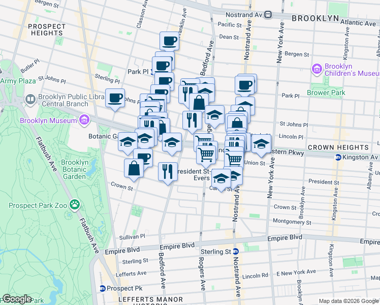 map of restaurants, bars, coffee shops, grocery stores, and more near 414 Eastern Parkway in Brooklyn