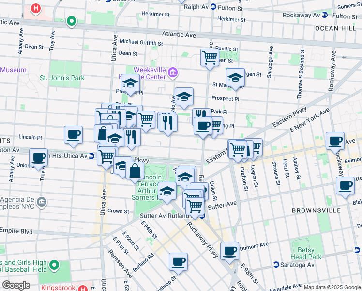 map of restaurants, bars, coffee shops, grocery stores, and more near 1571 Lincoln Place in Brooklyn