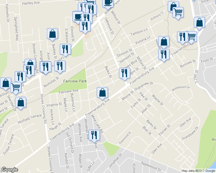 map of restaurants, bars, coffee shops, grocery stores, and more near 3312 Oregon St in Easton