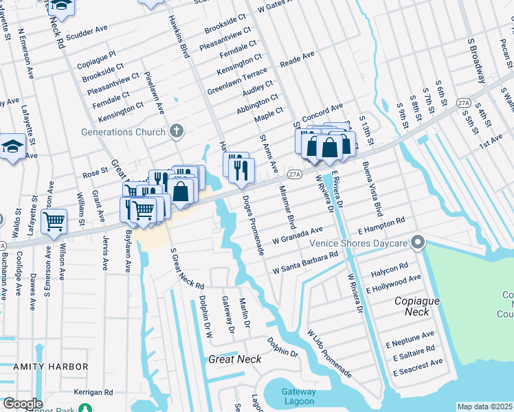 map of restaurants, bars, coffee shops, grocery stores, and more near 147 West Alhambra Avenue in Lindenhurst