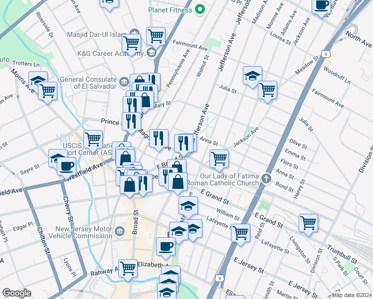map of restaurants, bars, coffee shops, grocery stores, and more near 408 Jefferson Avenue in Elizabeth