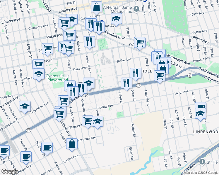 map of restaurants, bars, coffee shops, grocery stores, and more near 2695 Linden Boulevard in Brooklyn