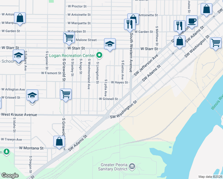 map of restaurants, bars, coffee shops, grocery stores, and more near 1700 South Lydia Avenue in Peoria