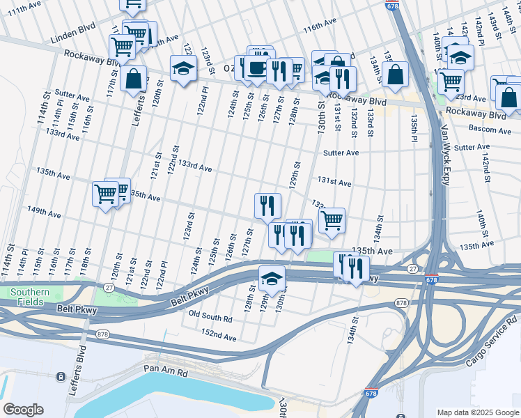 map of restaurants, bars, coffee shops, grocery stores, and more near 133-41 127th Street in Queens