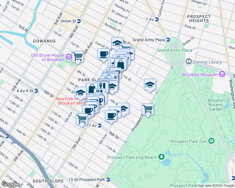 map of restaurants, bars, coffee shops, grocery stores, and more near 485 4th Street in Brooklyn
