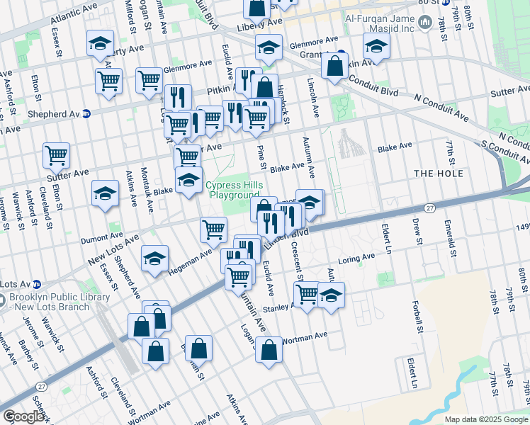 map of restaurants, bars, coffee shops, grocery stores, and more near 701 Euclid Avenue in Brooklyn