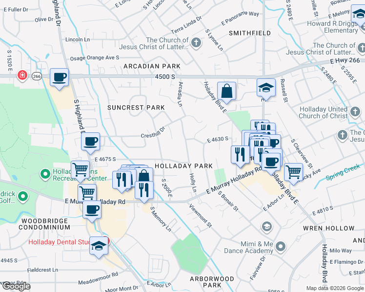 map of restaurants, bars, coffee shops, grocery stores, and more near in Holladay