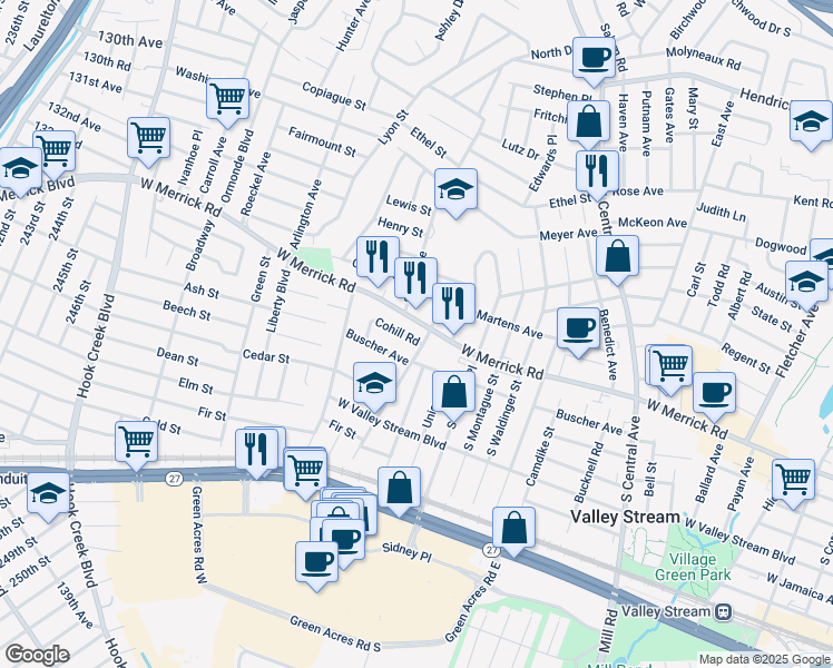 map of restaurants, bars, coffee shops, grocery stores, and more near 514W West Merrick Road in Valley Stream