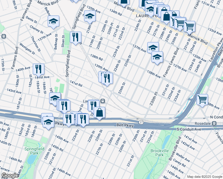 map of restaurants, bars, coffee shops, grocery stores, and more near 22407 141st Avenue in Queens