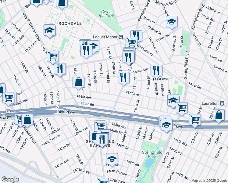 map of restaurants, bars, coffee shops, grocery stores, and more near 173-03 143rd Road in Queens