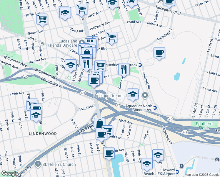 map of restaurants, bars, coffee shops, grocery stores, and more near 150-17 95th Street in Queens