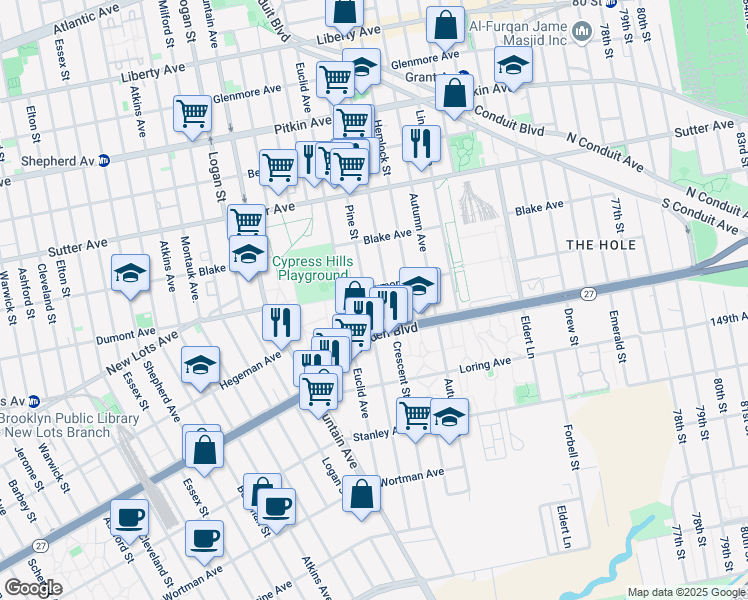map of restaurants, bars, coffee shops, grocery stores, and more near 736 Crescent Street in Brooklyn