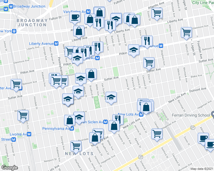 map of restaurants, bars, coffee shops, grocery stores, and more near 502 Hendrix Street in Brooklyn