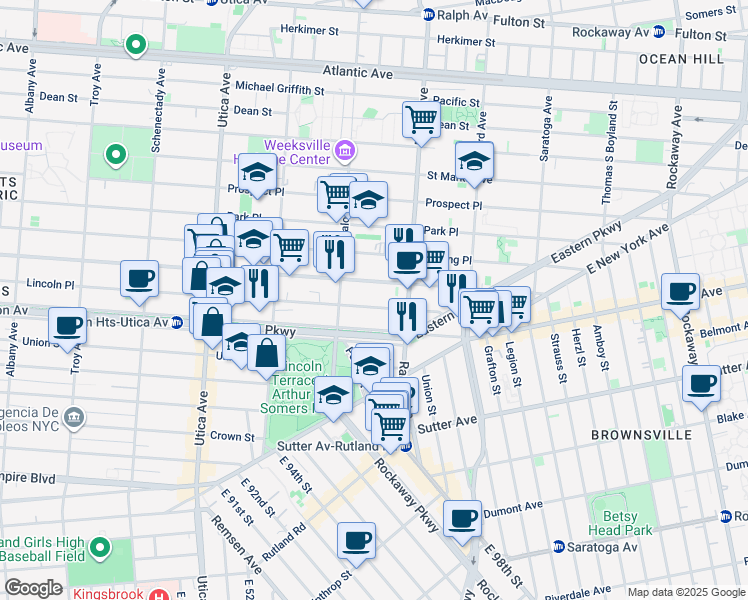 map of restaurants, bars, coffee shops, grocery stores, and more near 1571 Lincoln Place in Brooklyn