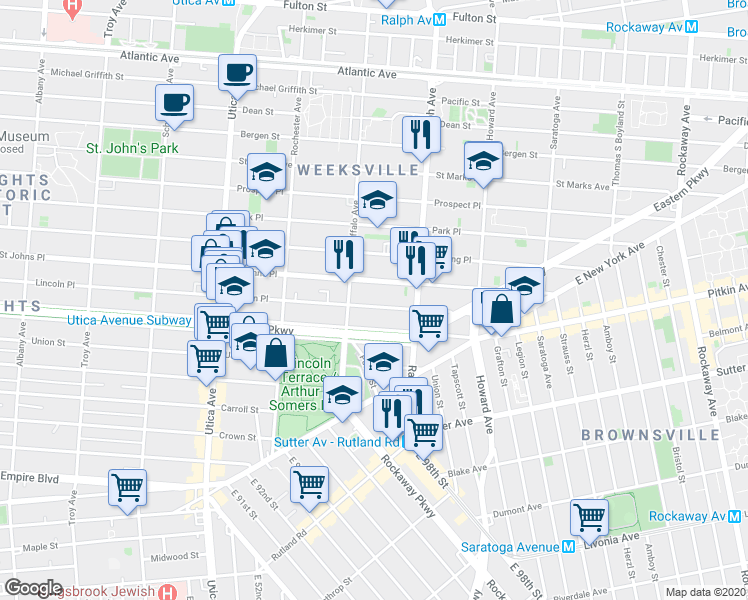map of restaurants, bars, coffee shops, grocery stores, and more near 1571 Lincoln Place in Brooklyn