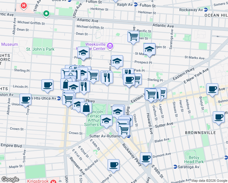 map of restaurants, bars, coffee shops, grocery stores, and more near 1571 Lincoln Place in Brooklyn