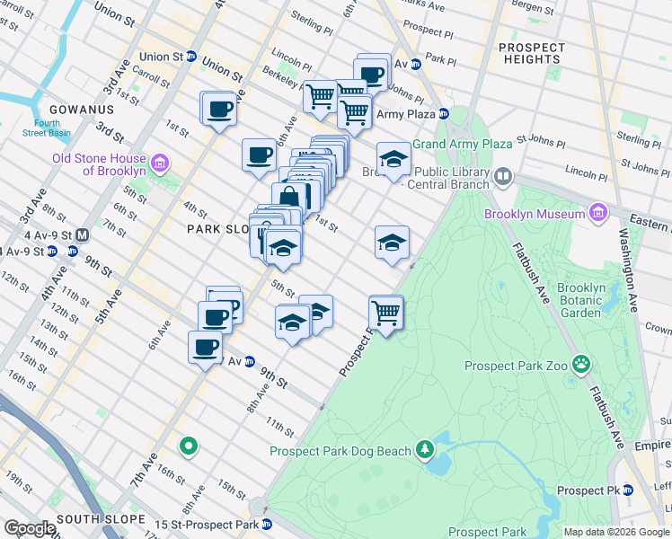 map of restaurants, bars, coffee shops, grocery stores, and more near 582 8th Street in Brooklyn