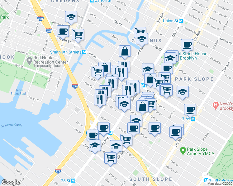 map of restaurants, bars, coffee shops, grocery stores, and more near 171 12th Street in Brooklyn