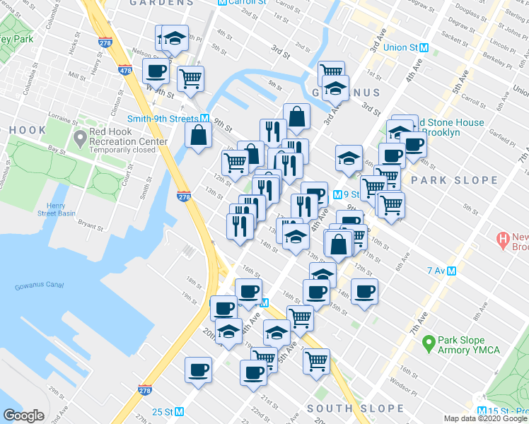 map of restaurants, bars, coffee shops, grocery stores, and more near 129 13th Street in Brooklyn